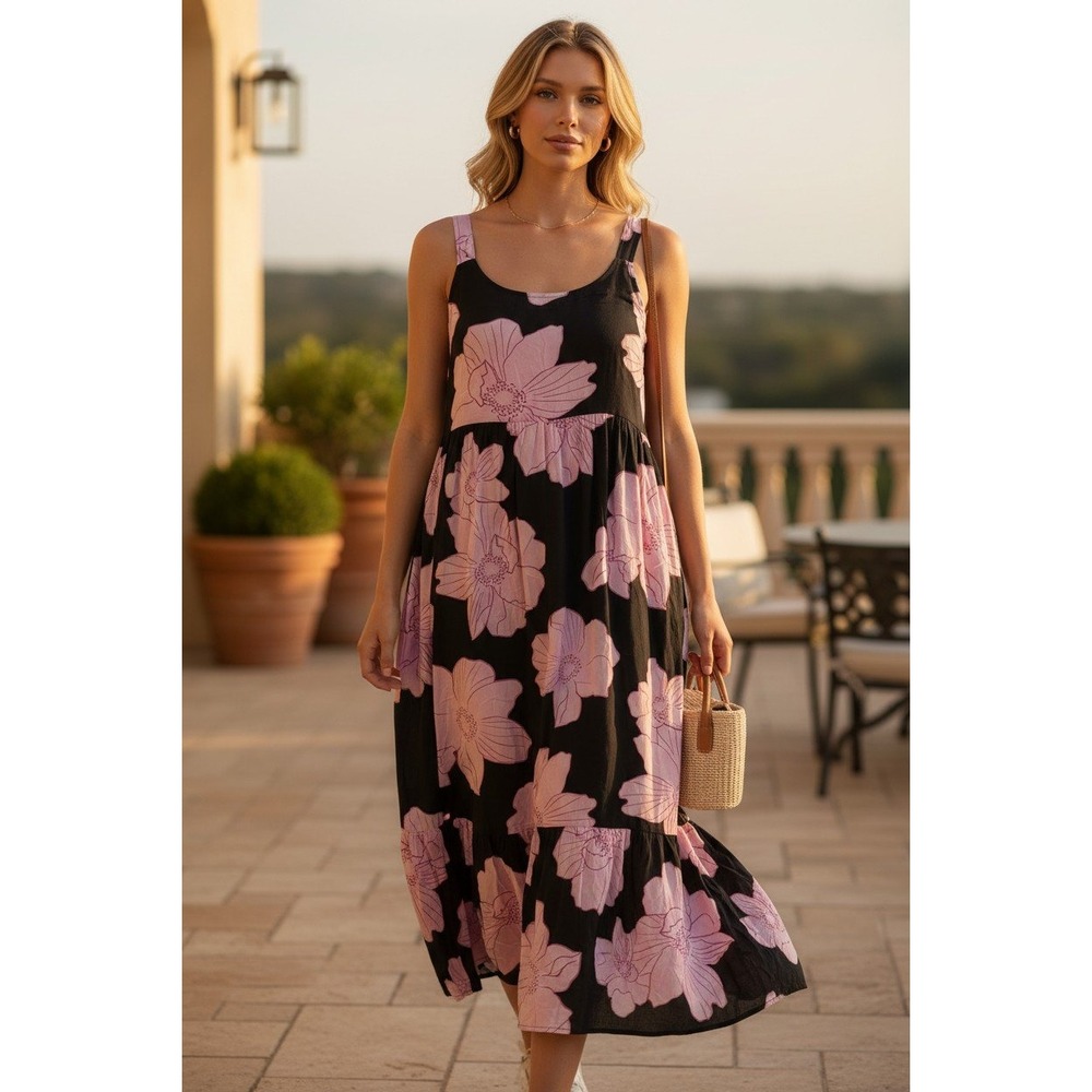 Floral Midi Dress XL Black Pink Empire Waist Boho Flowy Cottagecore Romantic